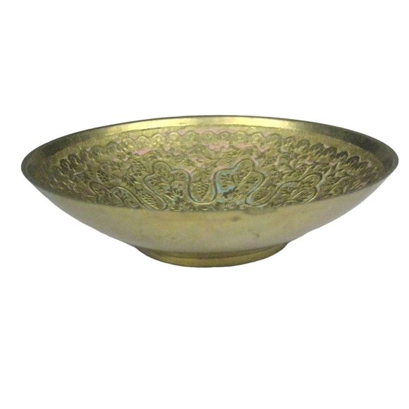 Etched Brass Bowl Chinoiserie Round Footed Decor Trinket 3 7/8 inches Enamel - Picture 3 of 6